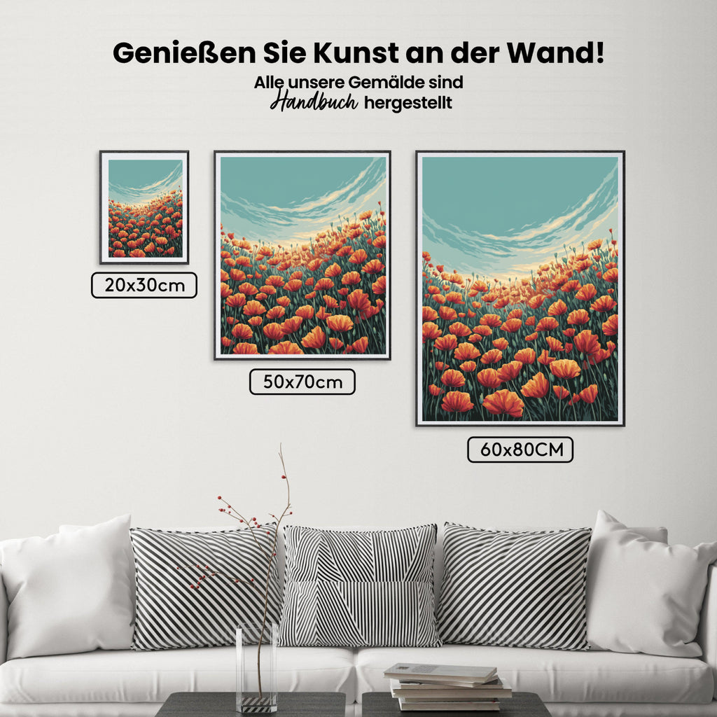Malen nach Zahlen – Lebendiges Mohnfeld unter blauem Himmel-2