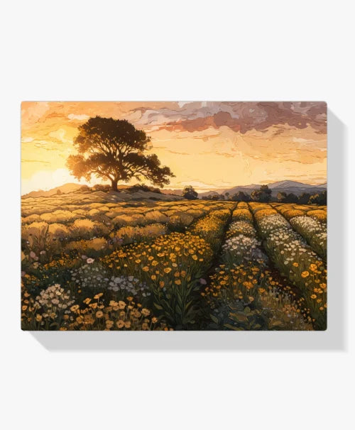 Malen nach Zahlen – Sonnenuntergang über einem Blumenfeld