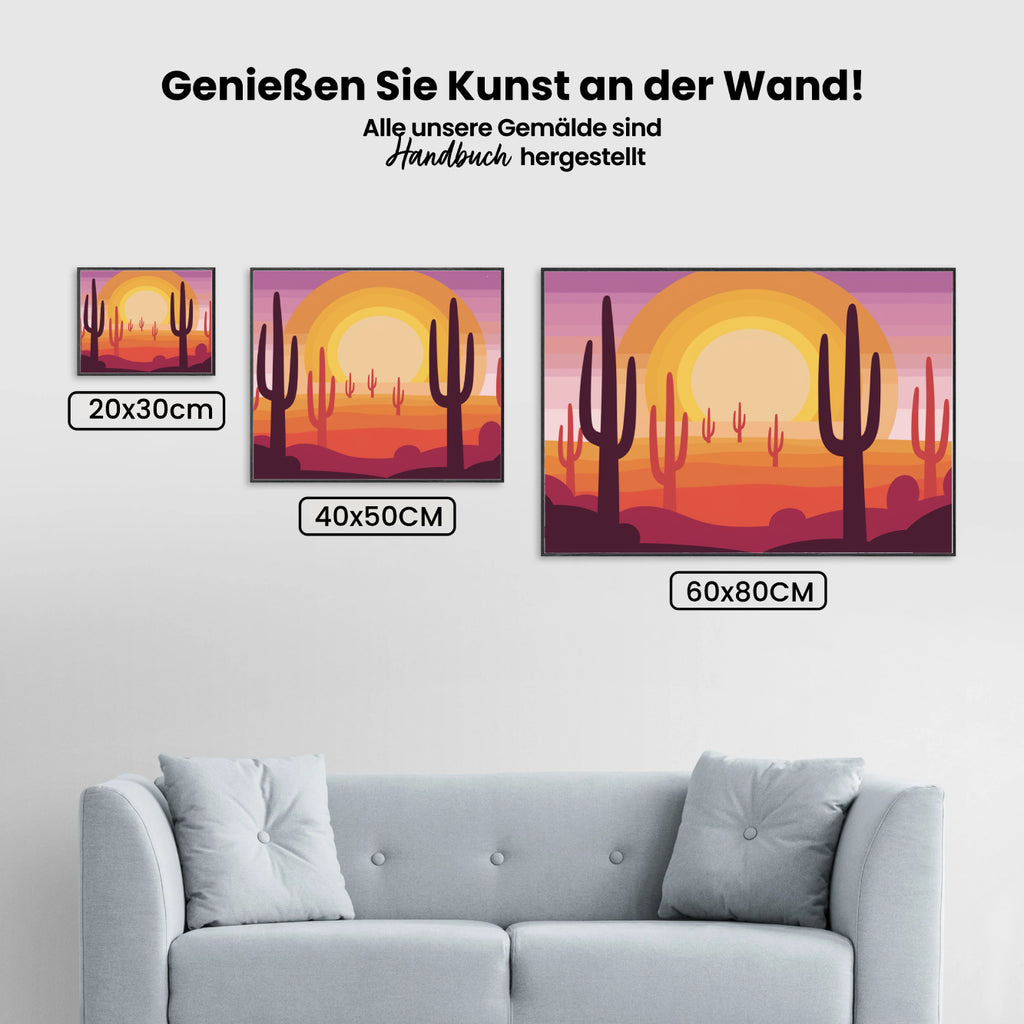 Malen nach Zahlen – Sonnenuntergang über einer Wüstenlandschaft mit Kaktussilhouetten-2