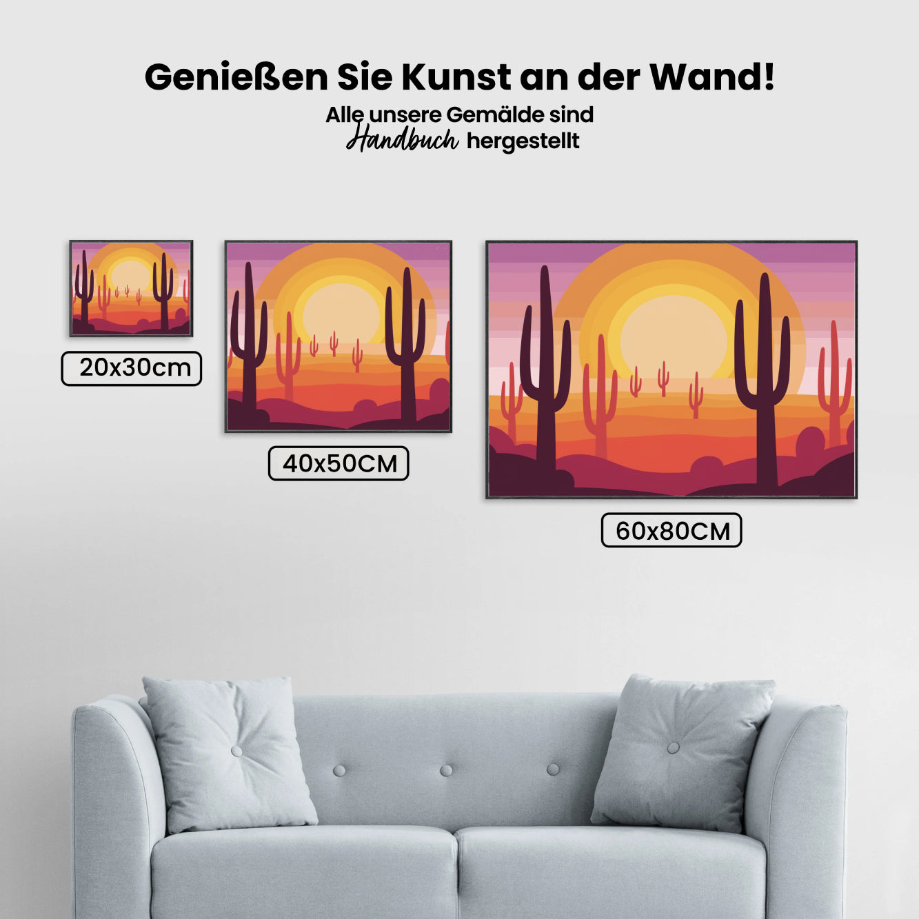 Malen nach Zahlen – Sonnenuntergang über einer Wüstenlandschaft mit Kaktussilhouetten-2