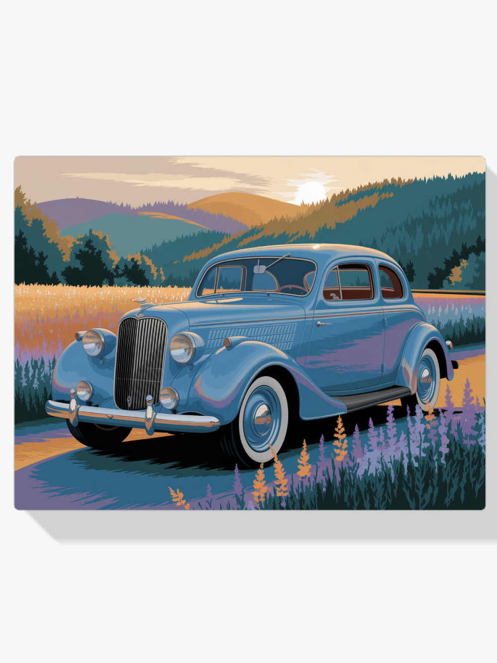 Malen nach Zahlen – Vintage-Auto in einem Blumenfeld V1-1