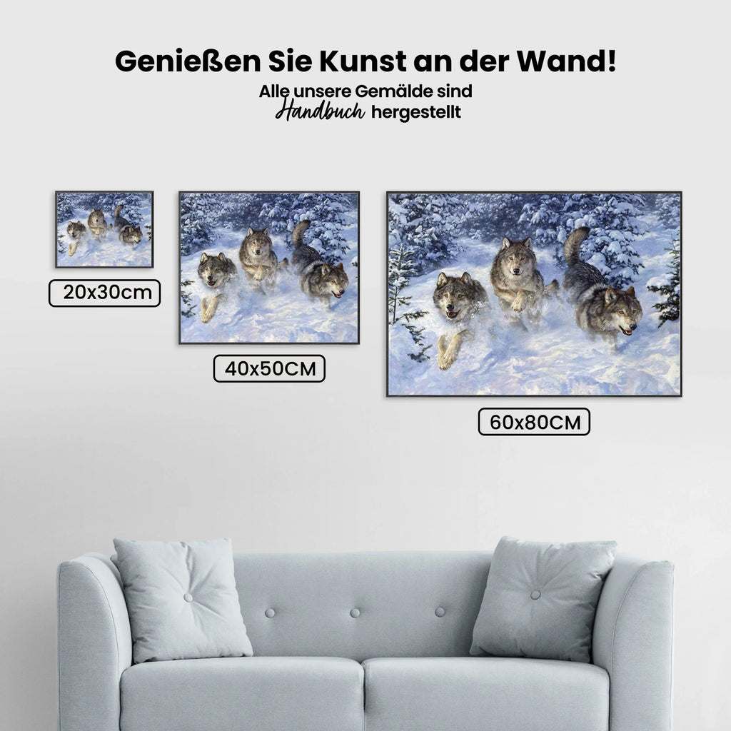 Malen nach Zahlen – Drei Wölfe im Schnee