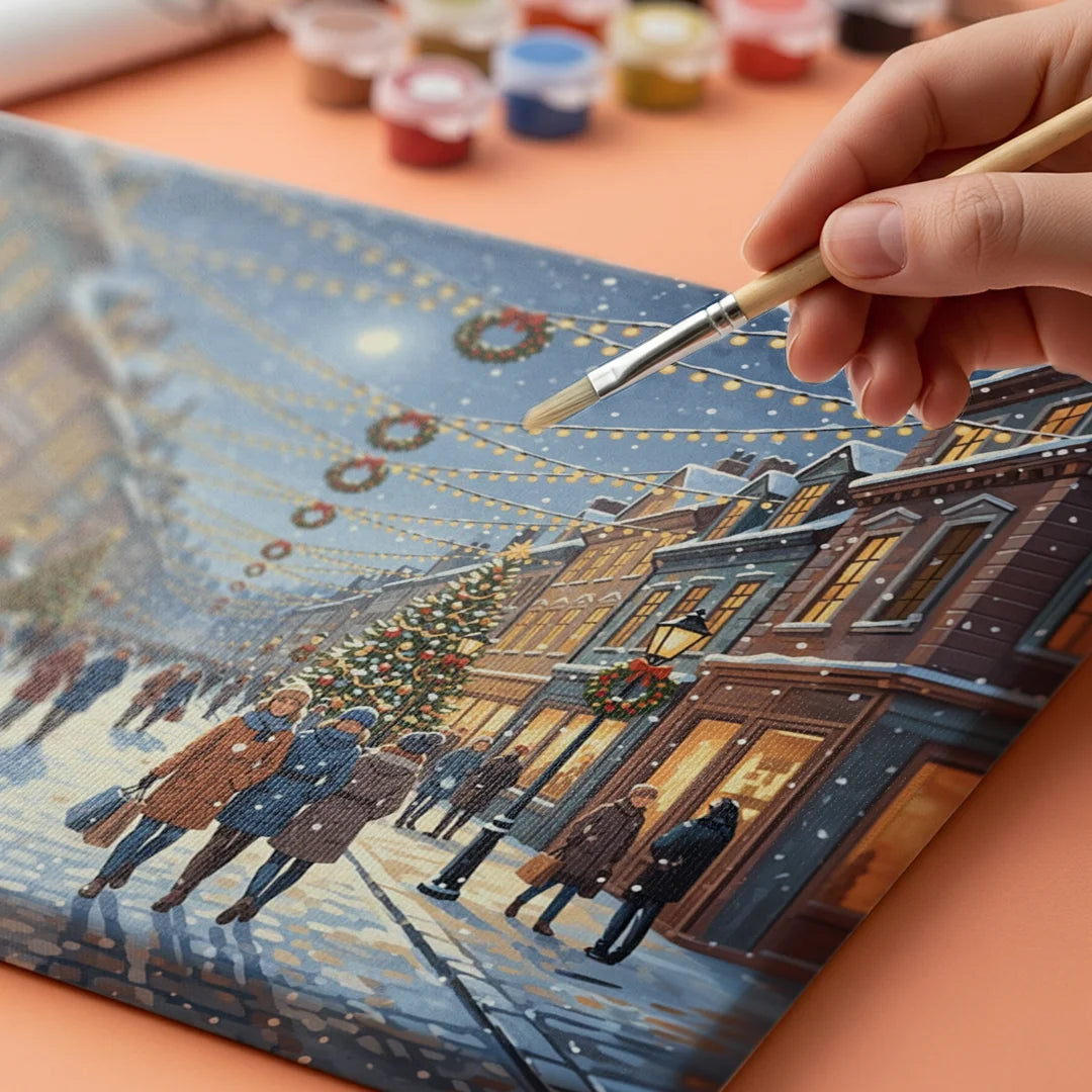 Malen nach Zahlen - Festliche Straße mit hängenden Weihnachtslichtern