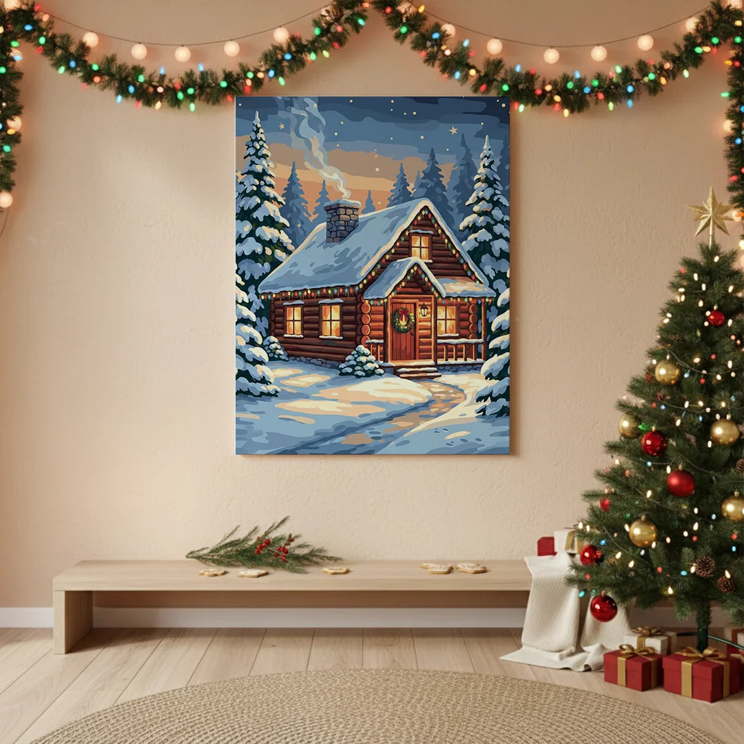 Malen nach Zahlen - Gemütliche Hütte bei den Winterkiefern