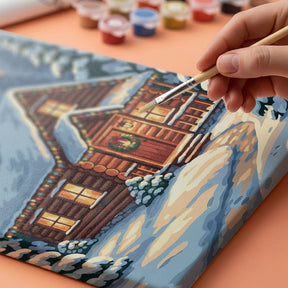 Malen nach Zahlen - Gemütliche Hütte bei den Winterkiefern