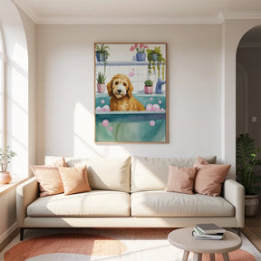 Malen nach Zahlen - Goldendoodle im Badezimmer