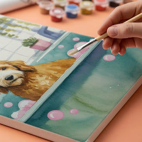 Malen nach Zahlen - Goldendoodle im Badezimmer