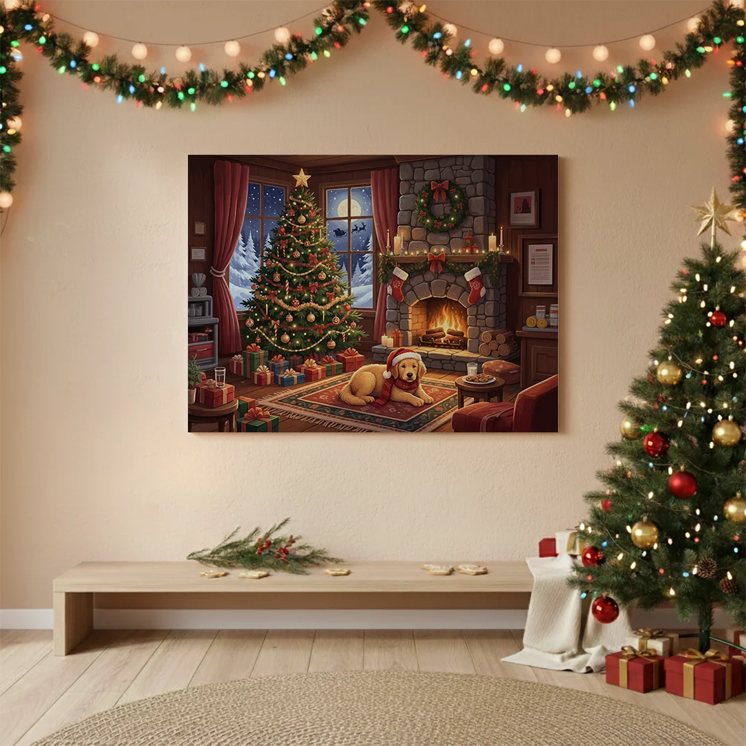 Malen nach Zahlen - Hund wartet auf den Weihnachtsmann am Kamin