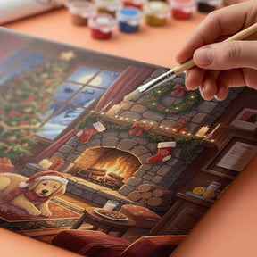 Malen nach Zahlen - Hund wartet auf den Weihnachtsmann am Kamin