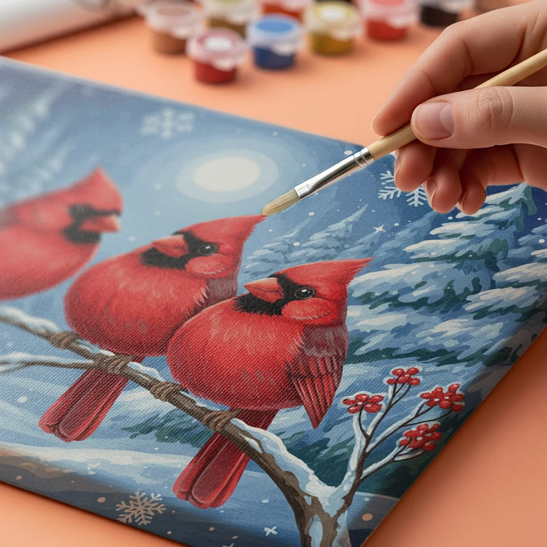 Malen nach Zahlen - Kardinalvögel auf einem frostbedeckten Ast