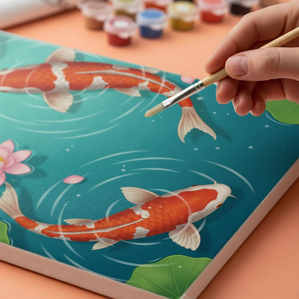 Malen nach Zahlen - Koi-Fische schwimmen im Lotusteich