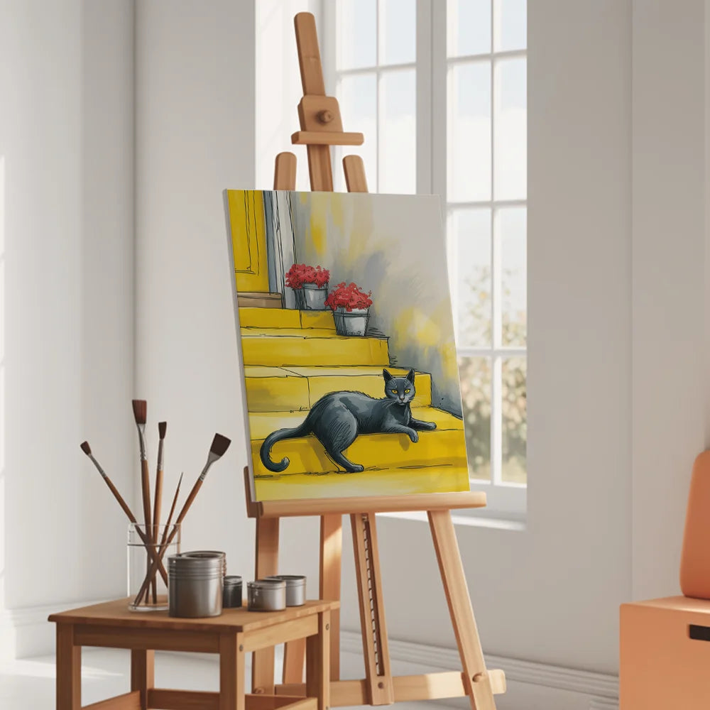Malen nach Zahlen - Schwarze Katze auf der Treppe