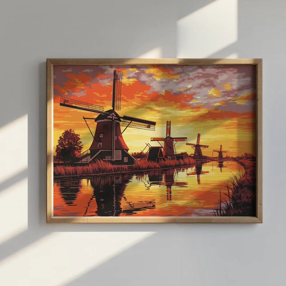 Malen nach Zahlen - Sonnenuntergang bei den Windmühlen von Kinderdijk
