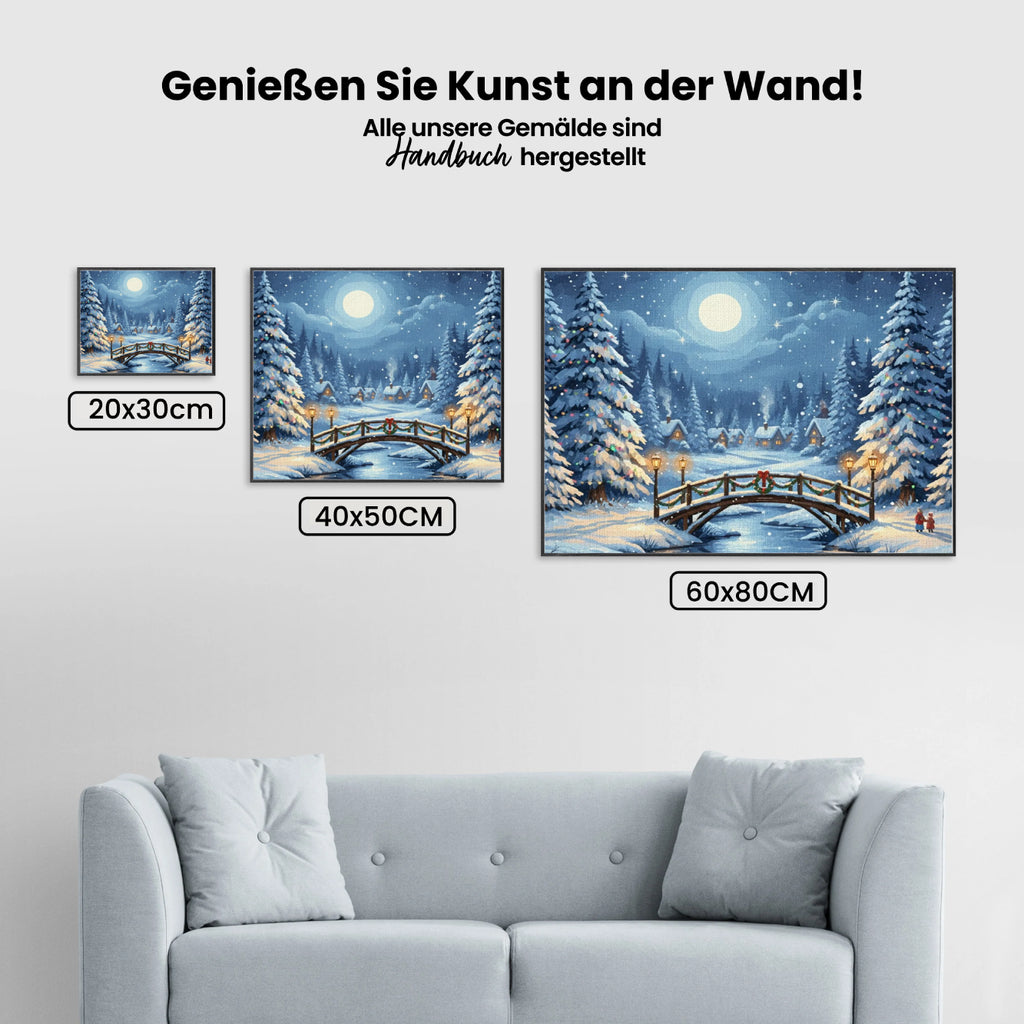 Malen nach Zahlen - Verschneite Brücke mit Weihnachtslaternen