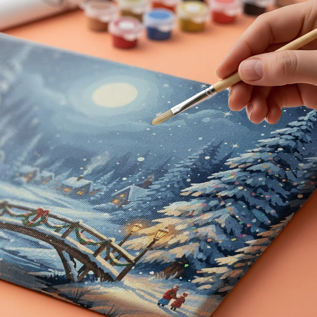 Malen nach Zahlen - Verschneite Brücke mit Weihnachtslaternen