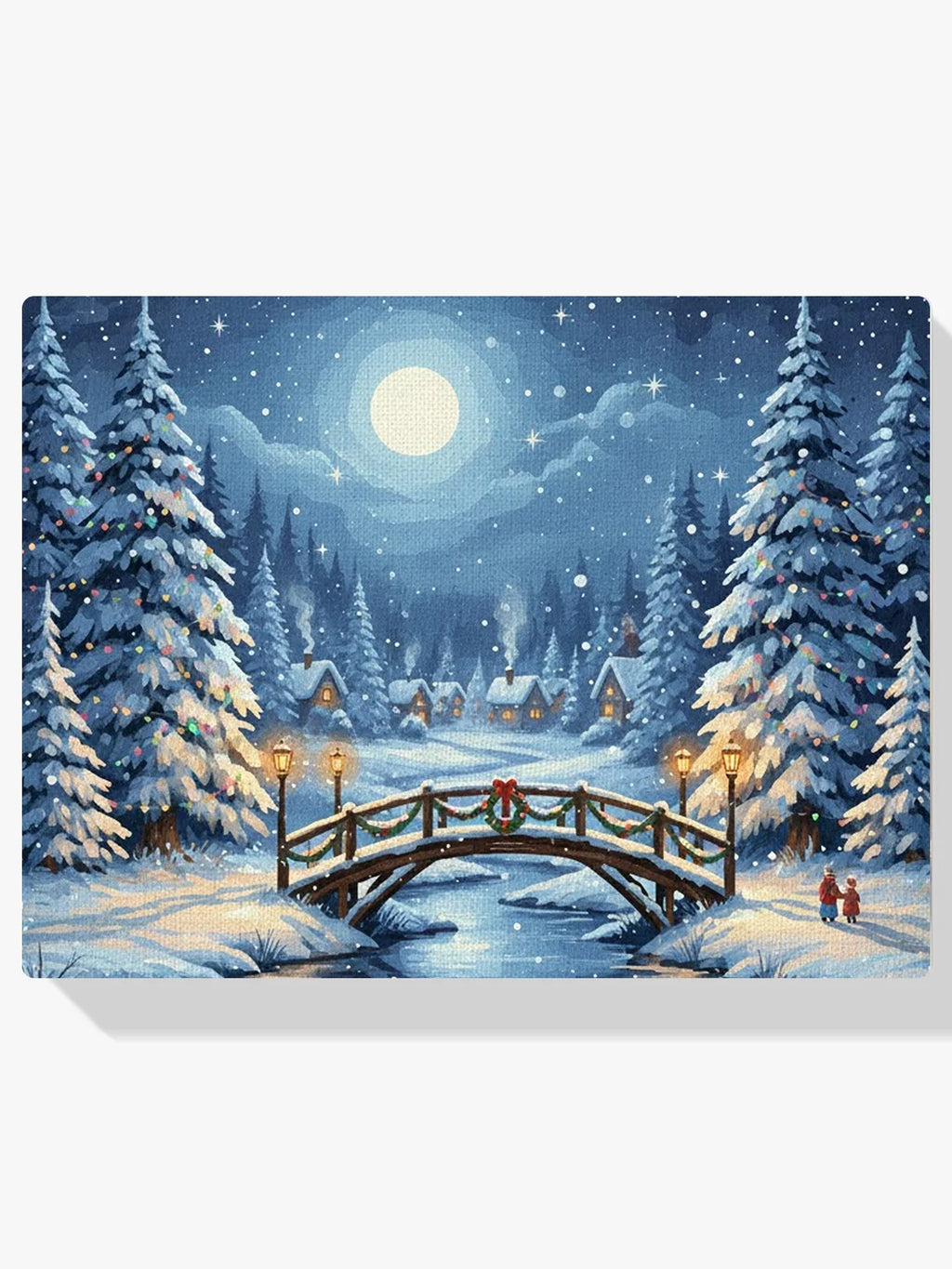 Malen nach Zahlen - Verschneite Brücke mit Weihnachtslaternen