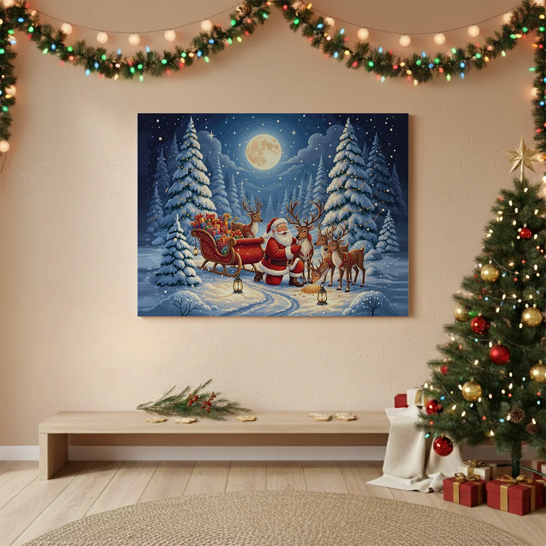 Malen nach Zahlen - Weihnachtsmann und seine Rentierfreunde