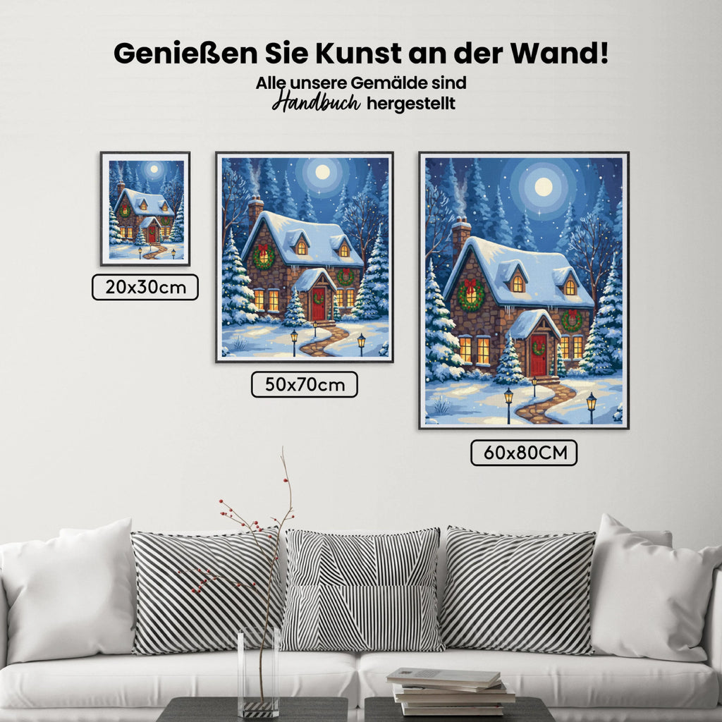 Malen nach Zahlen - Winterhäuschen mit Weihnachtskränzen