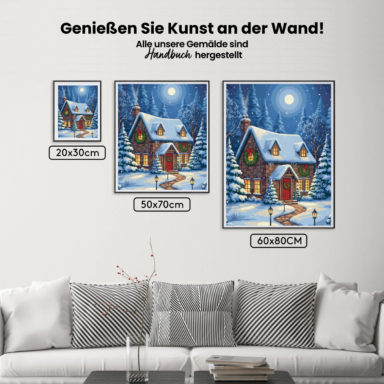 Malen nach Zahlen - Winterhäuschen mit Weihnachtskränzen