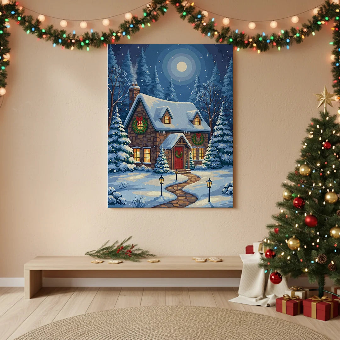 Malen nach Zahlen - Winterhäuschen mit Weihnachtskränzen