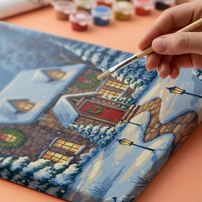 Malen nach Zahlen - Winterhäuschen mit Weihnachtskränzen