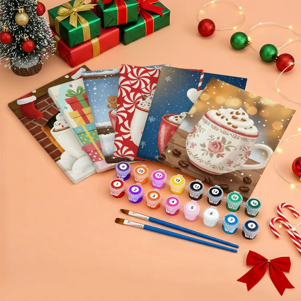 Malen nach Zahlen - 6 Mini-Gemälde | Mini-Becher mit heißer Schokolade