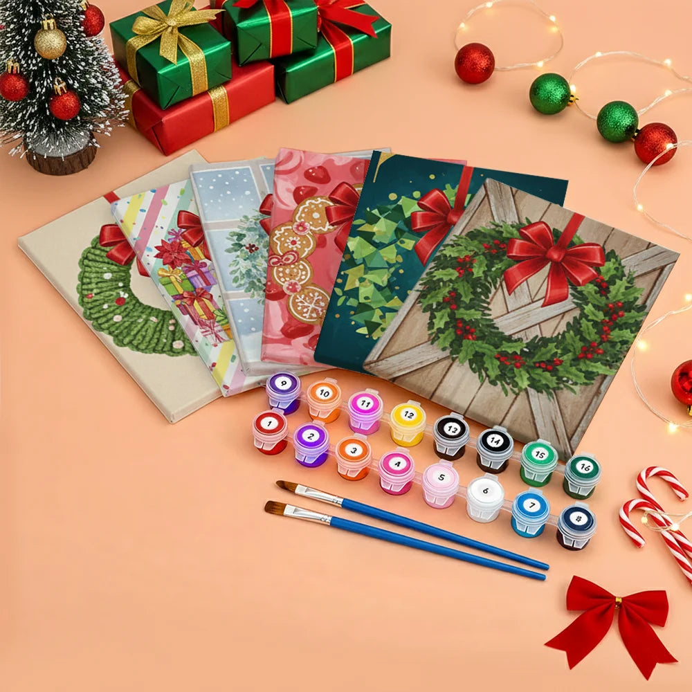 Malen nach Zahlen - 6 Mini-Gemälde | Mini-Kranz mit roter Schleife