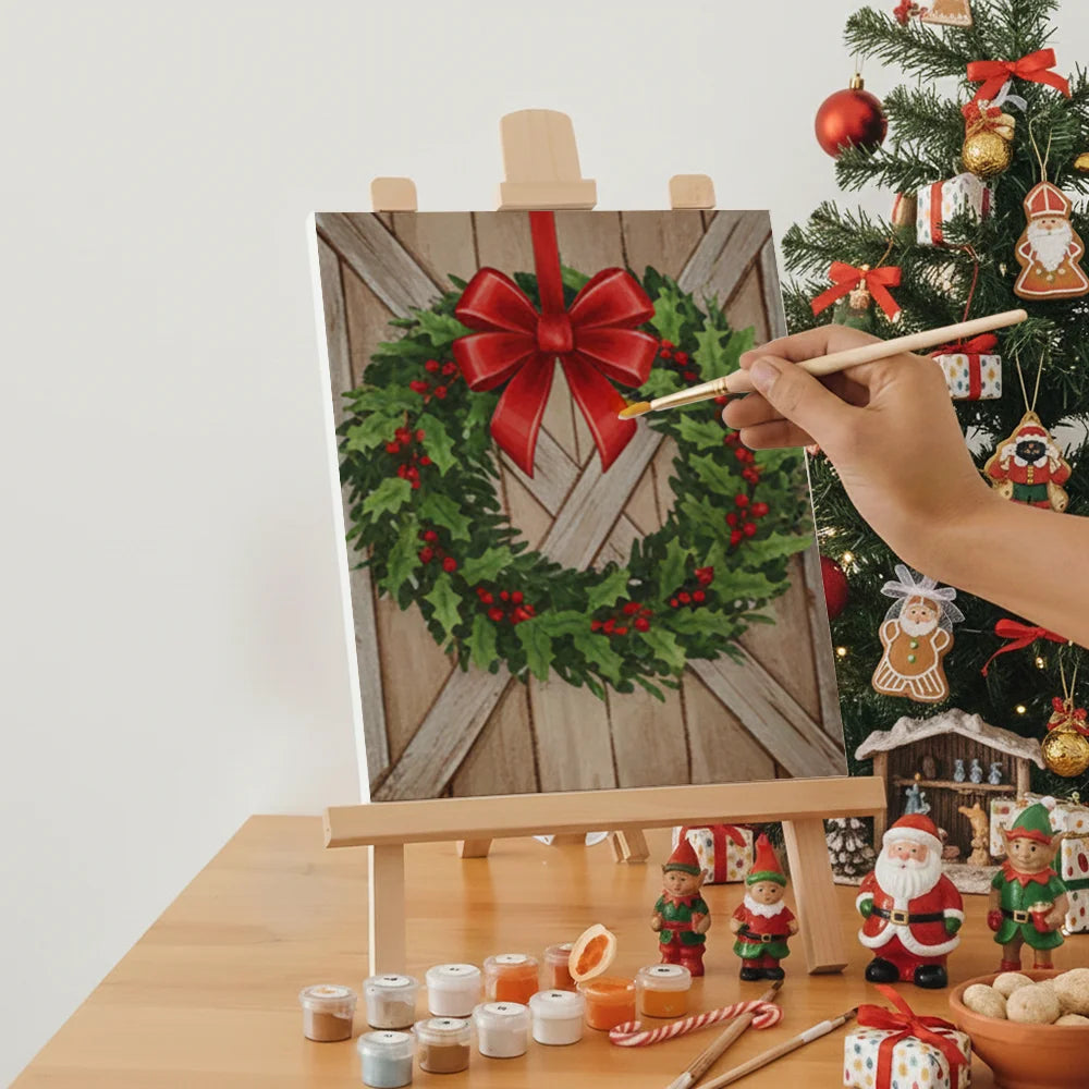 Malen nach Zahlen - 6 Mini-Gemälde | Mini-Kranz mit roter Schleife