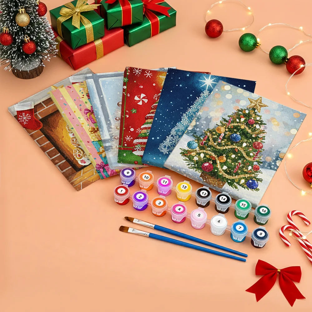 Malen nach Zahlen - 6 Mini-Gemälde | Mini-Weihnachtsbaum Glanz