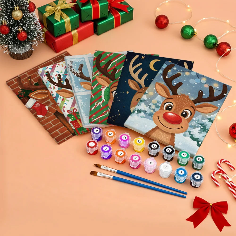 Malen nach Zahlen - 6 Mini-Gemälde | Süßes Rentiergesicht