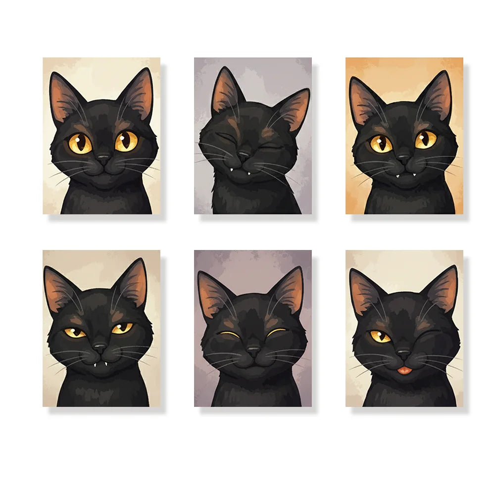 Malen nach Zahlen - 6 Mini-Gemälde | Süßes schwarzes Katzen-Gesicht
